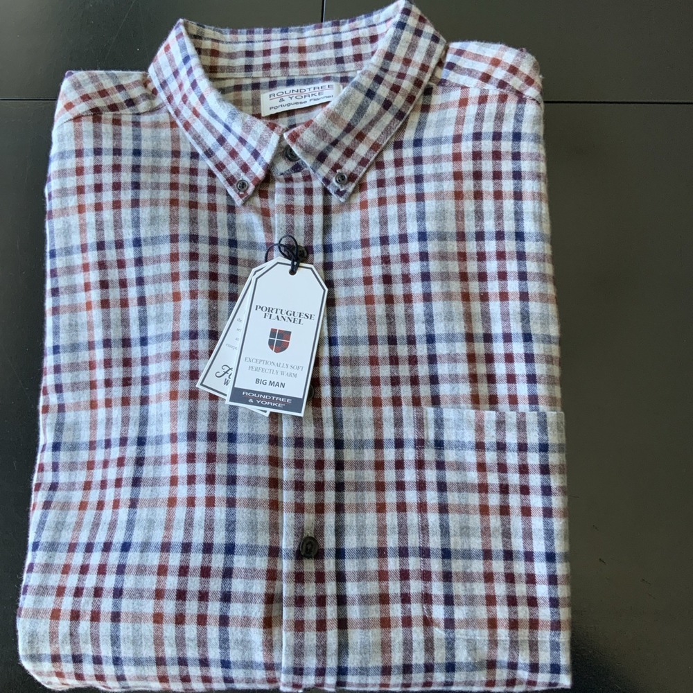 Roundtree and Yorke Button Down Flannel Shirt Big Man 2XB Gray Navy Wine Plaid